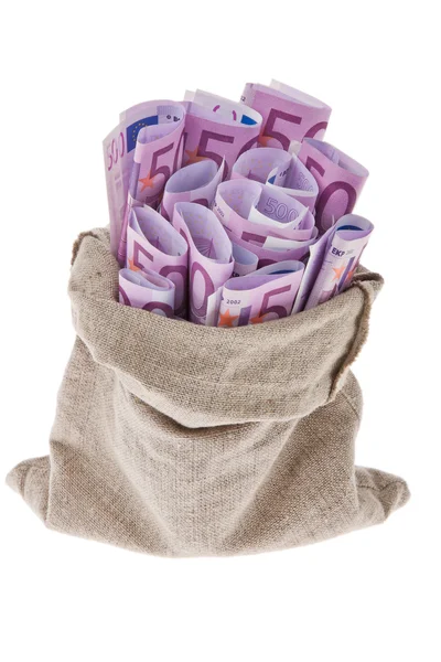 Väska med massor av sedlar — Stockfoto