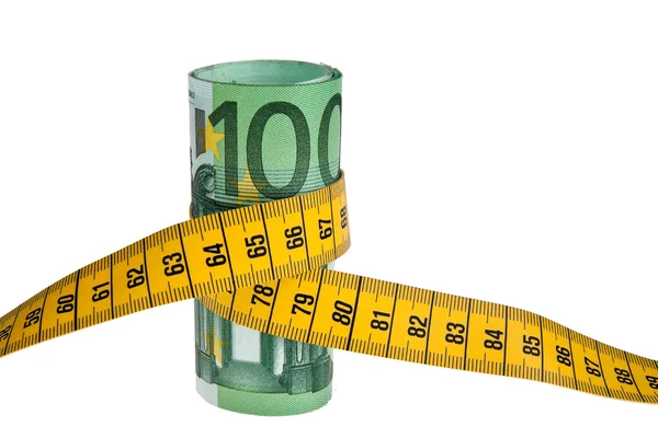 Icon austerity package with â‚¬ bill and tape measure — Stok fotoğraf