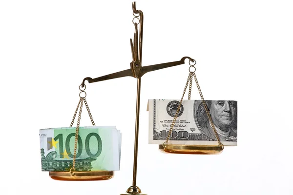 Euro and dollar bills on scales — Stock Photo, Image
