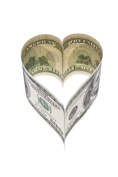 Conta de moeda do dólar na forma de coração — Fotografia de Stock