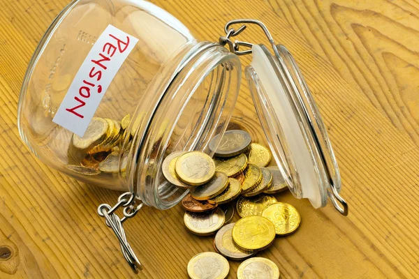Jar with coins. inscription retirement / pension — Stock Photo, Image