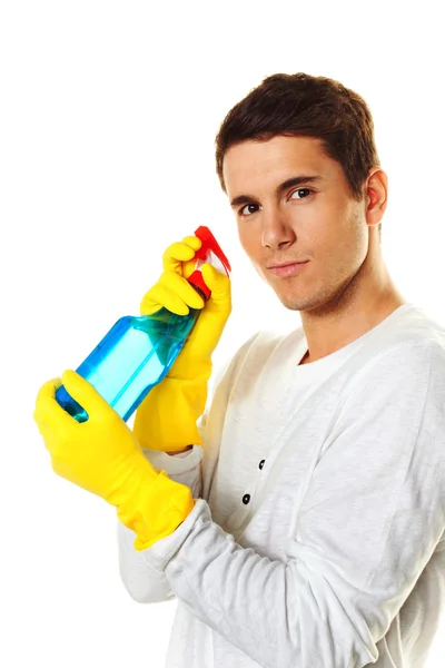 Man with cleaning fluid. — Stock Photo, Image
