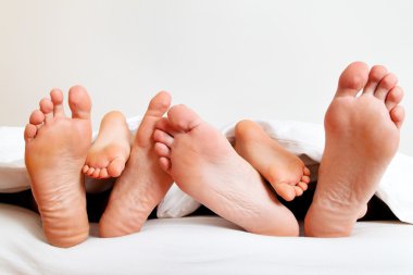 Feet of a family in bed under the covers. clipart