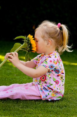 Child with a sunflower in the garden in summer clipart