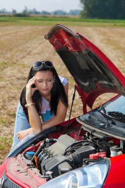 Woman in her car broke down. engine failure clipart