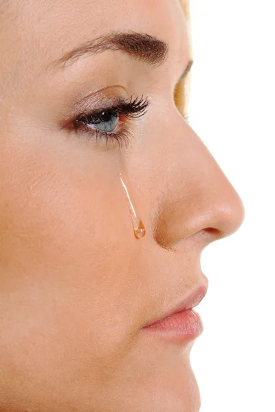 Mulher triste chora lágrimas — Fotografia de Stock