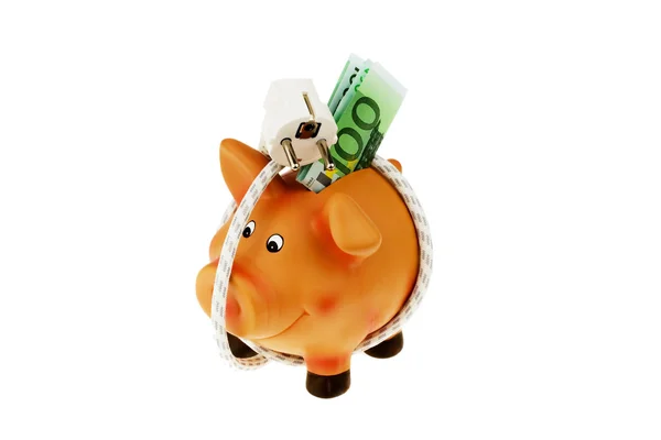 Piggy bank met stekker uit het stopcontact en steek de stekker — Stockfoto