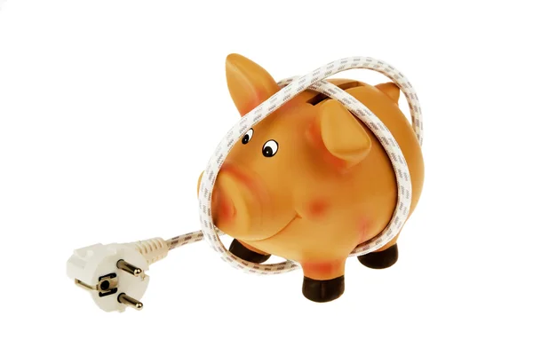 Banco Piggy com cabo de alimentação e plugue — Fotografia de Stock