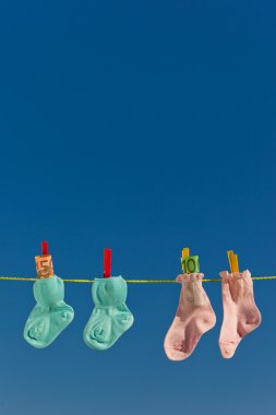 Baby socks on clothesline with euro clipart
