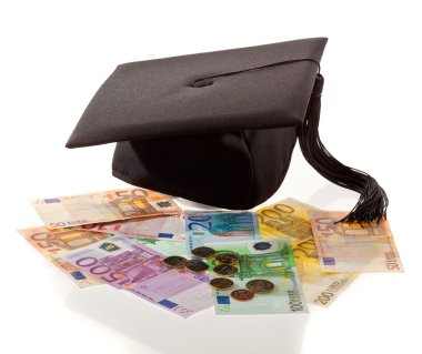 Mortarboard and €. education costs in europe. clipart