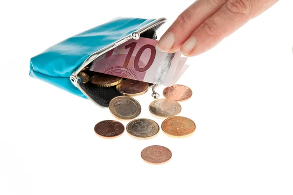Hand with a wallet and a few coins — Stock Photo, Image