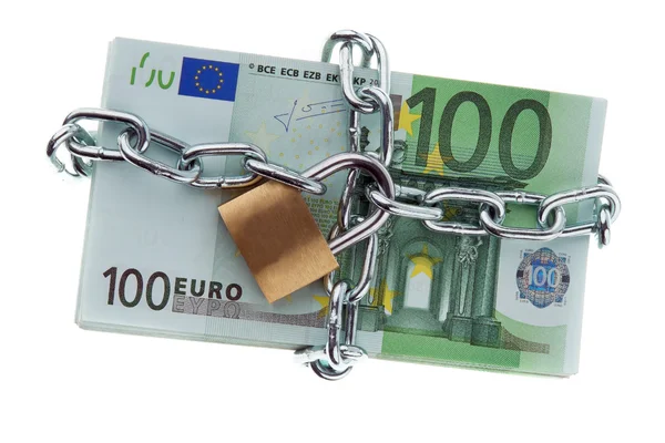 Banknotów euro z blokady i łańcuch. — Zdjęcie stockowe