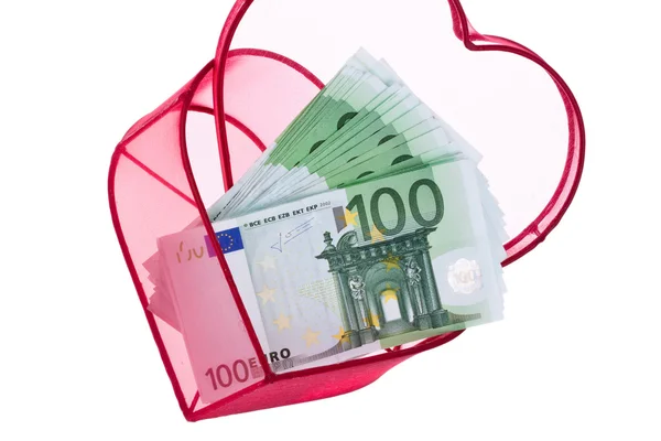 Euro notas bancárias com coração — Fotografia de Stock