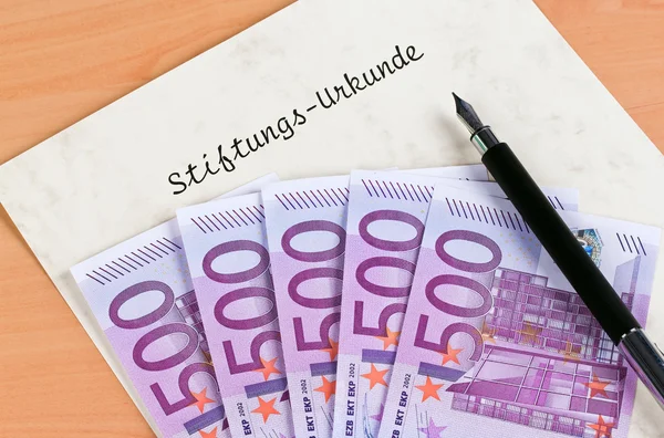 Euro bank notes and certificate of a foundation — Stock Photo, Image