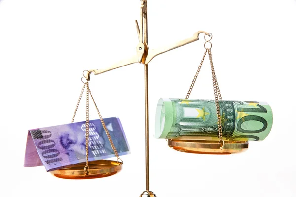 Euro money and the swiss franc banknotes — Stock Photo, Image