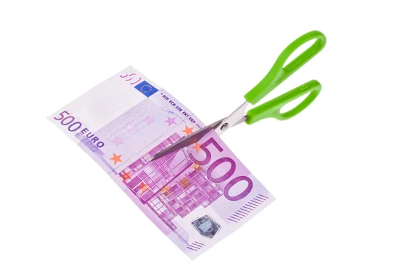 Notas e tesouras de euro — Fotografia de Stock