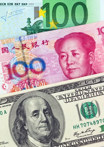 Poznámky k dolaru, eura a jüan — Stock fotografie