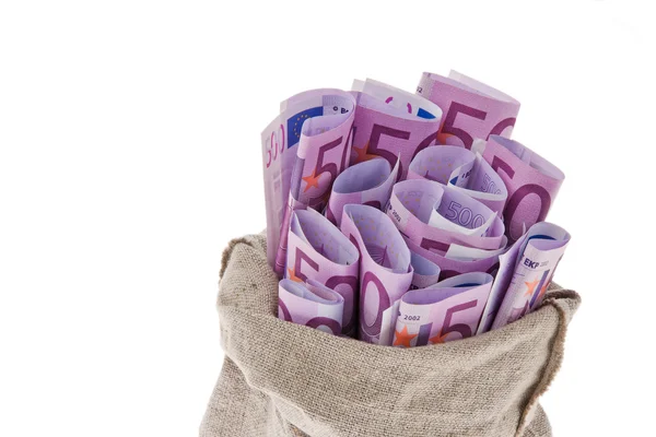 Bolsa con muchos billetes de banco € — Foto de Stock