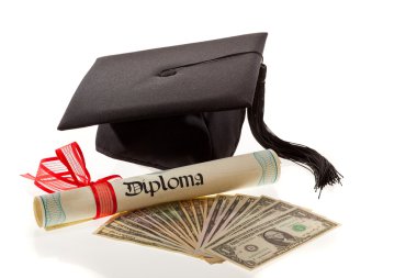 Mortarboard and dollars. education costs clipart