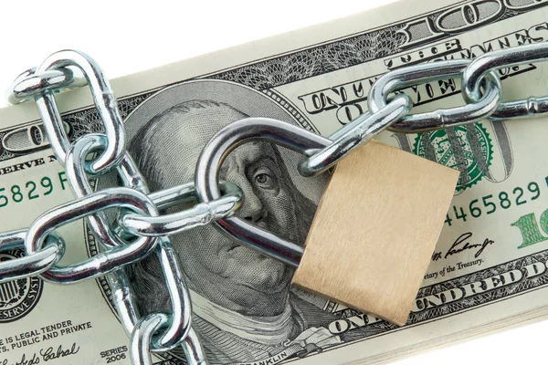 Dollar currency notes with lock and chain. — Stock Photo, Image