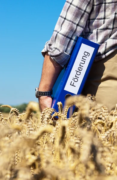 Agricultor com carteira "promoção" na caixa de cereais — Fotografia de Stock
