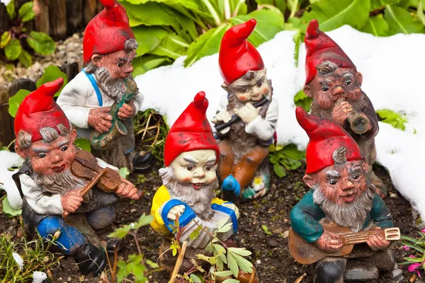 Gnomos de jardim em um jardim — Fotografia de Stock