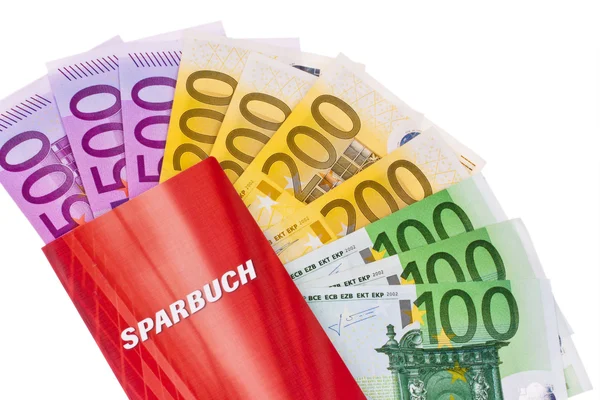 Billetes en euros y cuenta de ahorros — Foto de Stock