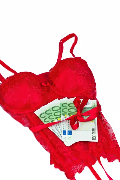 Red lingerie with bills — Stock Photo, Image