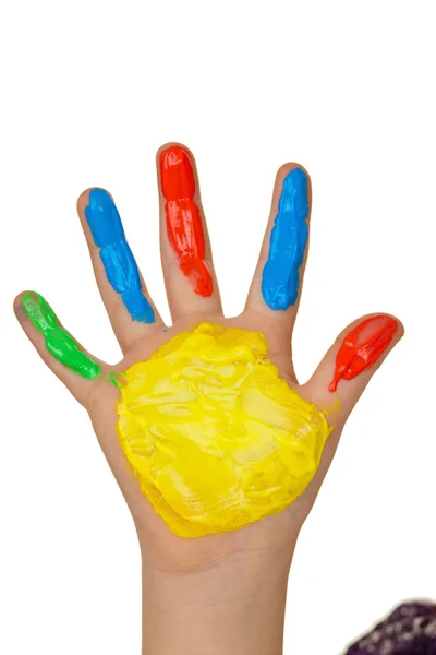Niño con pinturas para los dedos colores — Foto de Stock