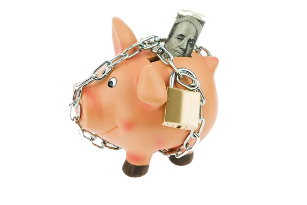 Piggy bank pénzt lánc és a dollár — Stock Fotó