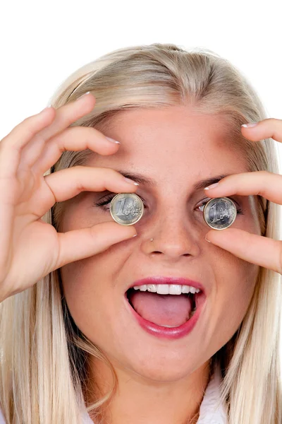 Mujer con monedas de €delante de los ojos, moneda de euro — Foto de Stock