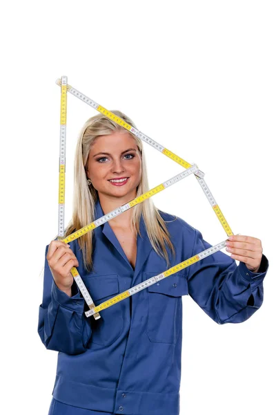 stock image Woman in blue work clothes