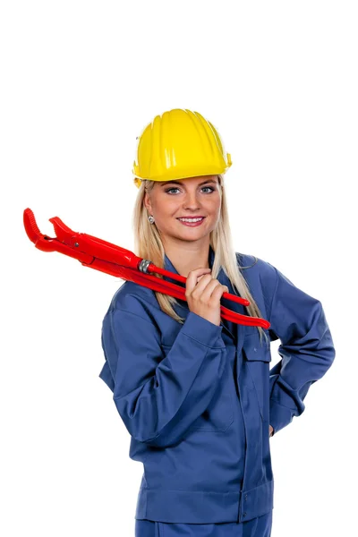 Женщина в синей рабочей одежде — стоковое фото