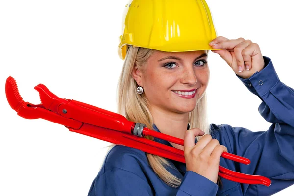Woman in blue work clothes — Stock Photo, Image