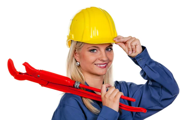 Frau in blauer Arbeitskleidung — Stockfoto