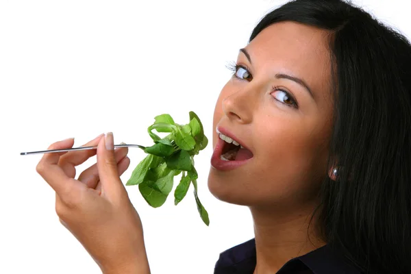 Mujer con ensalada como dieta saludable — Foto de Stock