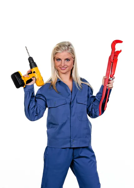 Frau in blauer Arbeitskleidung — Stockfoto