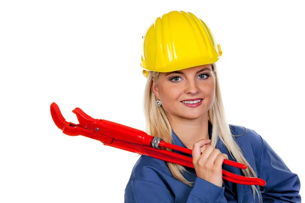 Vrouw in blauwe werkkleding — Stockfoto