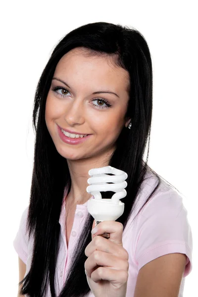 Frau mit Energiesparlampe. — Stockfoto