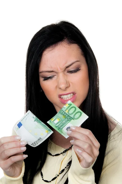 Woman with half a euro banknote — Stock Photo, Image