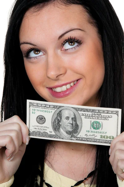 Femme avec billet de dollar — Photo
