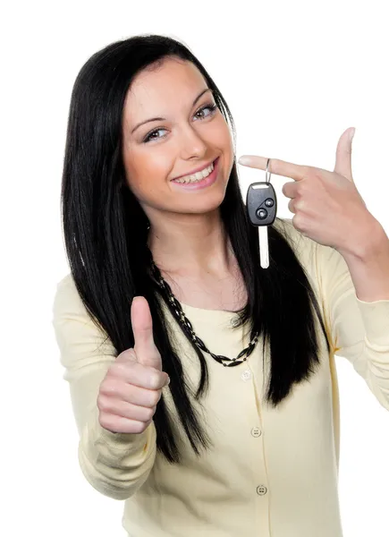 Frau mit Autoschlüssel und Führerschein. — Stockfoto