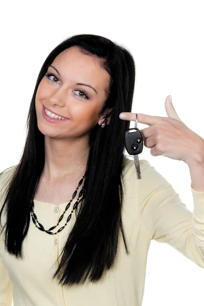 Mulher com chaves de carro e carteira de motorista . — Fotografia de Stock