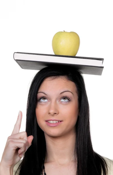 Μαθητής με μήλο και βιβλία για την εκμάθηση — Φωτογραφία Αρχείου