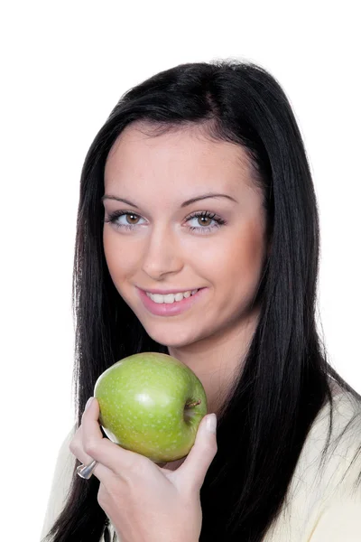 Женщина с яблоком, фруктами и витаминами в диете — стоковое фото