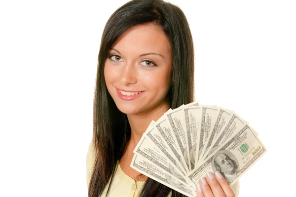 Mujer con billete de dólar —  Fotos de Stock