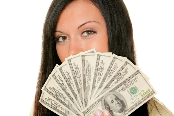 Woman with dollar bill — Stock Photo, Image