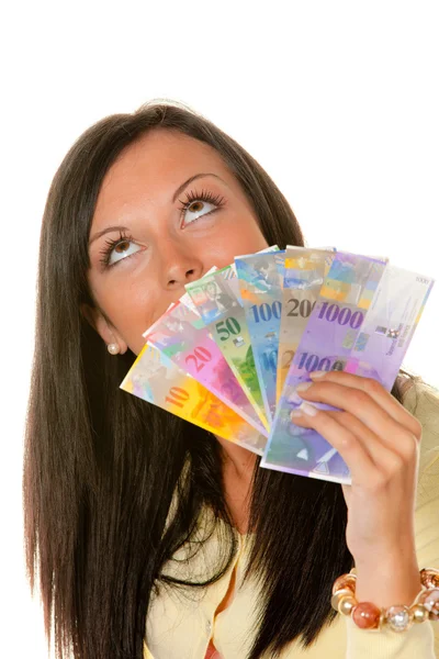 Mujer con francos suizos — Foto de Stock