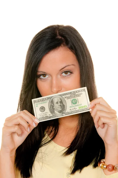 Mujer con billete de dólar — Foto de Stock
