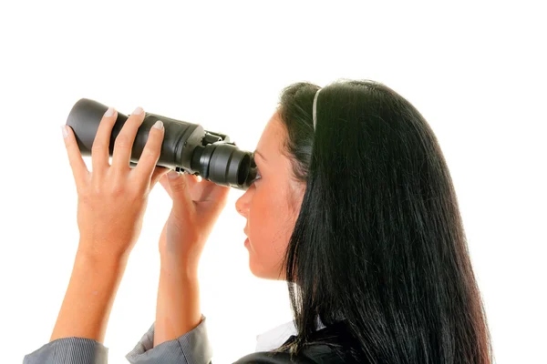 Vrouw met verrekijkers op zoek naar de toekomst — Stockfoto